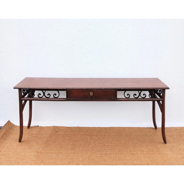 Vintage Extra Long Wood Faux Bamboo Iron Scroll 1 Drawer Console Table For Sale - Image 13 of 13