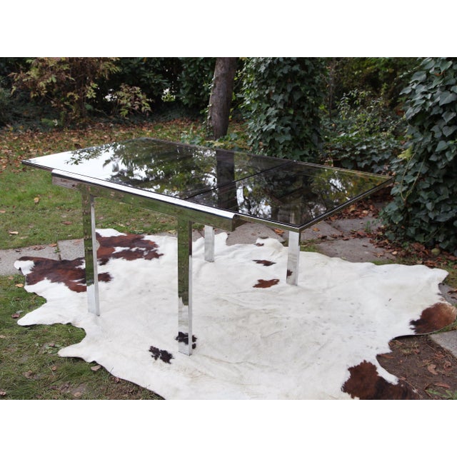 Postmodern Postmodern Chrome & Glass Extendable Dining Table / Desk Table attributed to Milo Baughman, 1980s For Sale - Image 3 of 11