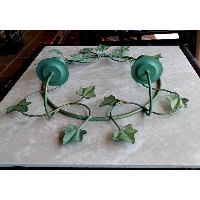 Vintage Ivy Leaf Mint & Gold Metal & Wood Candle Sconces - A Pair For Sale - Image 4 of 4
