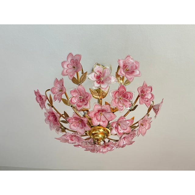 Vintage Murano Glass Floral Chandelier – Rare Deep Pink Flowers, Flush Mount For Sale - Image 18 of 18