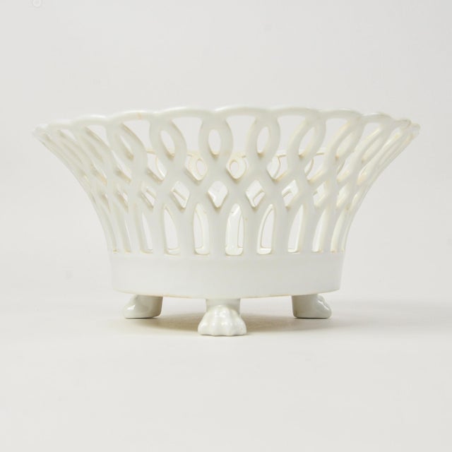 Antique French Porcelain Basket Fruit Bowl With Lion Paw Feet Lattice For Sale - Image 10 of 11