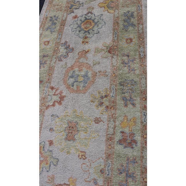 Early 21st Century Turkish Oushak Runner in Ivory With Soft Green, Gold, and Coral 2'11 X 13'3 For Sale - Image 5 of 12