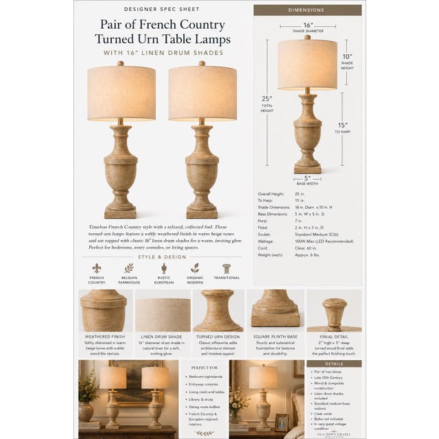 Pair of French Country Turned Urn Table Lamps with New 16" Linen Drum Shades Bring timeless warmth and understated...