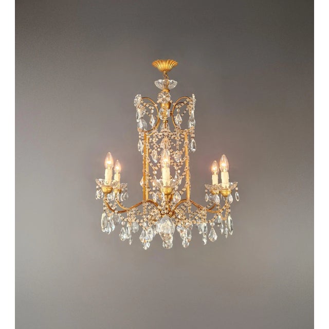 Gilded Iron and Crystal Chandelier Italian Louis XVI Style Antique Neoclassical For Sale - Image 4 of 14