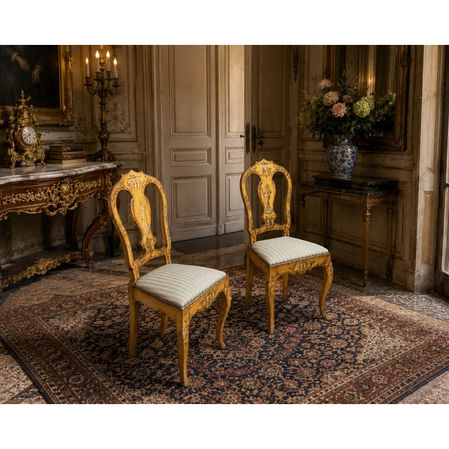 These beautifully crafted Italian hand-painted chairs have been recently reupholstered. The rich patina developed over the...