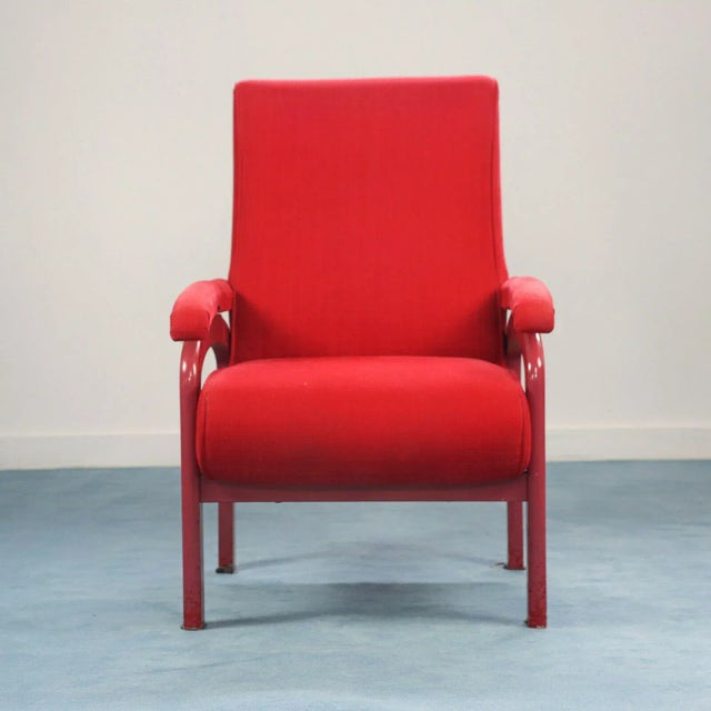 Red Fabric and Wood Reclining Lounge Chair, 1970s For Sale - Image 4 of 11