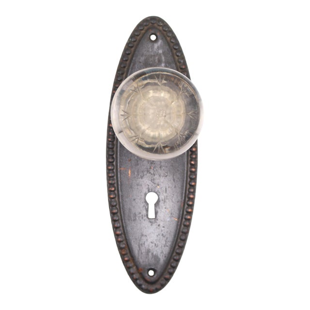 Antique Etched Floral Glass Beaded Dummy Door Knob Set For Sale