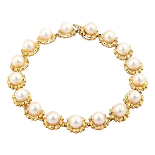 Pearls Floral 14k Yellow Gold Bracelet For Sale