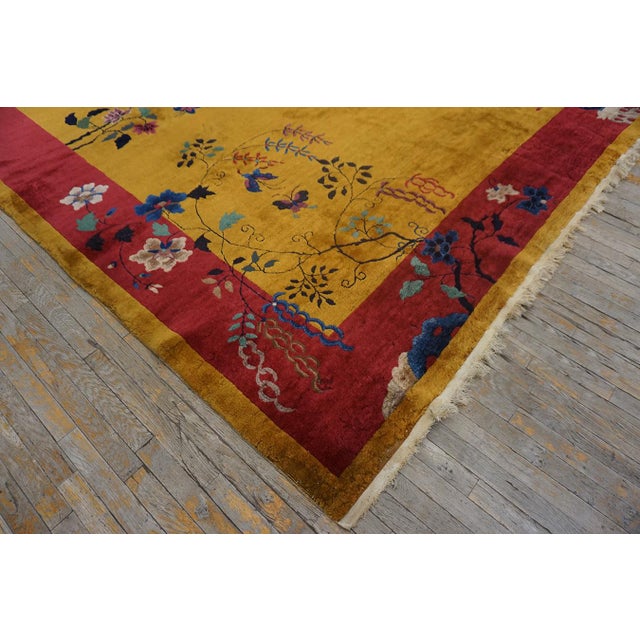 1920s Yellow Minimalist Floral Antique Chinese Art Deco Carpet 9' X 11'6" Handknotted Wool Rug For Sale - Image 12 of 13