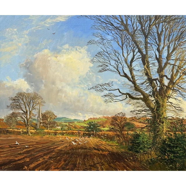 1985 Richard Woods Winter landscape with Seagulls on ploughed fields in the English Countryside For Sale - Image 11 of 15