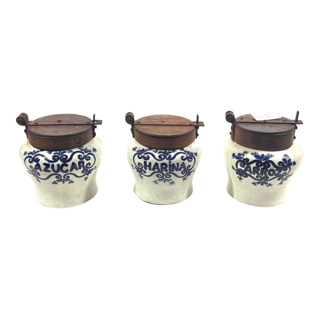 Three Mexican Talavera Style Glazed Pottery Canisters With Iron Hinged Lids For Sale
