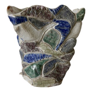 Vintage Handmade Abstract Textured Studio Pottery Sculptural Vase, Unsigned For Sale