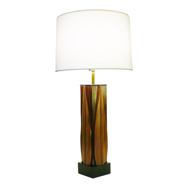 Laurel Mid Century Tiki Modern Carved Walnut Tropical Leaf Column Table Lamp 1960's For Sale