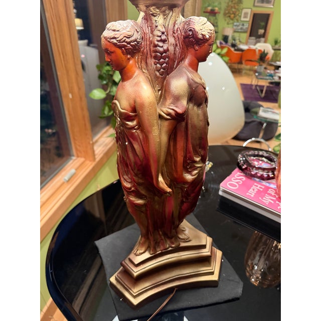 Textile 1950 Hollywood Regency Gold Bronze Tone "Three Graces" Heavy Lamp. Purple Silk Shade. Base 34”x12”. Shade 10”x16”. Style of Tony Duquette For Sale - Image 7 of 11