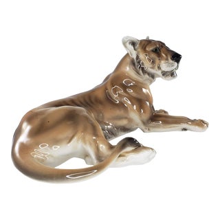 Mid 20th Century Keramos Wien Knight Ceramics Lion Figurine Austria Big Cat Tiger For Sale