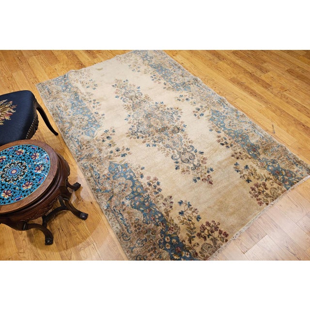 Vintage Persian Kerman Rug, Hand-Knotted Wool, Floral Pattern, Ivory & Blue, 5x7 For Sale - Image 15 of 15