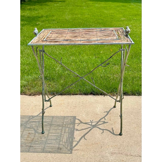 Wood Twig Accent Table, With Twig Woven Mat, Branch-Like Metalwork, Garden Table Adorned With Metal Birds and Leaves, 1970’s For Sale - Image 7 of 12