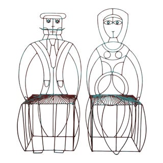 Pair of Figural His and Hers Steel Wire Patio Chairs by John Risley For Sale