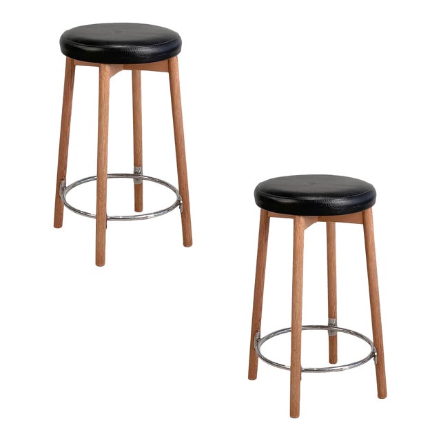 Vintage Danish Oak & Leather Counter Stools Chairish