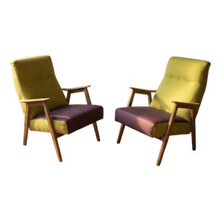 Vintage Lounge Chairs in Green and Purple Upholstery, Czechoslovakia, 1940s, Set of 2 For Sale