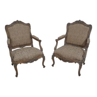 Pair Antique 19th C. French Louis Polychrome Open Armchairs For Sale