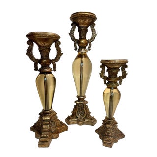 Vintage Hollywood Regency Gilded Graduated Pillar Candle Holders - Set of Three For Sale