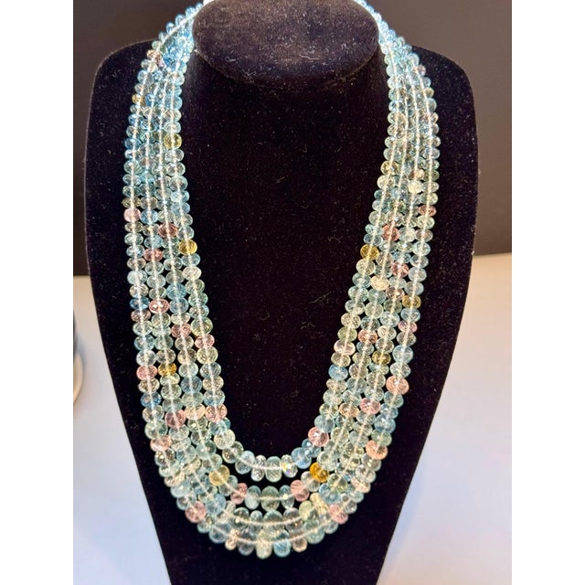 Green 1000 Carat Natural Fine Aquamarine Bead Necklace, Four Strand in Metal Clasp For Sale - Image 8 of 18