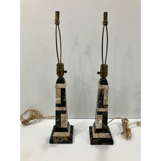 Stone Pair of 1930s Inlay Marble Lamps For Sale - Image 7 of 9