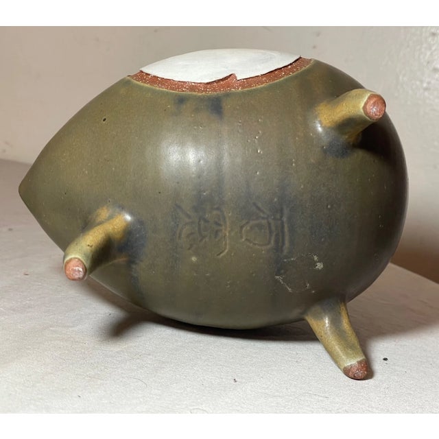 Antique Signed Japanese 3 Piece Studio Art Green Pottery Footed Vase Bowl Set For Sale - Image 17 of 18