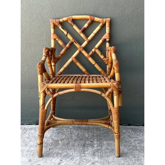 Camel Vintage Chinese Chippendale Bamboo Armchair For Sale - Image 8 of 12