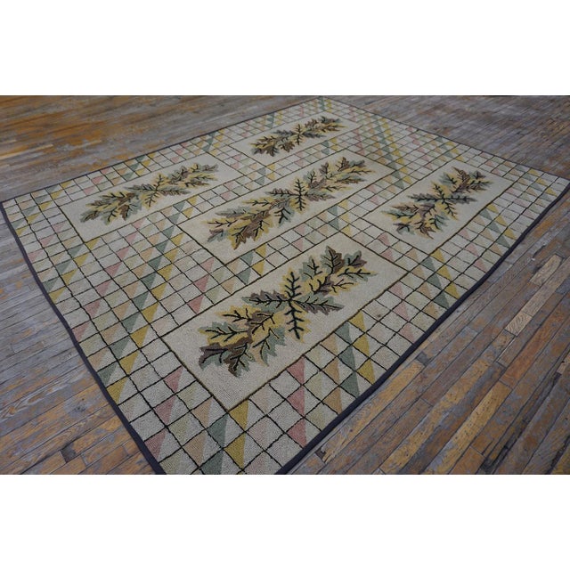 1930s Ivory Crean Floral Folk Art Antique American Hooked Rug 7'10'' X 10' Handknotted Wool Carpet For Sale - Image 11 of 12