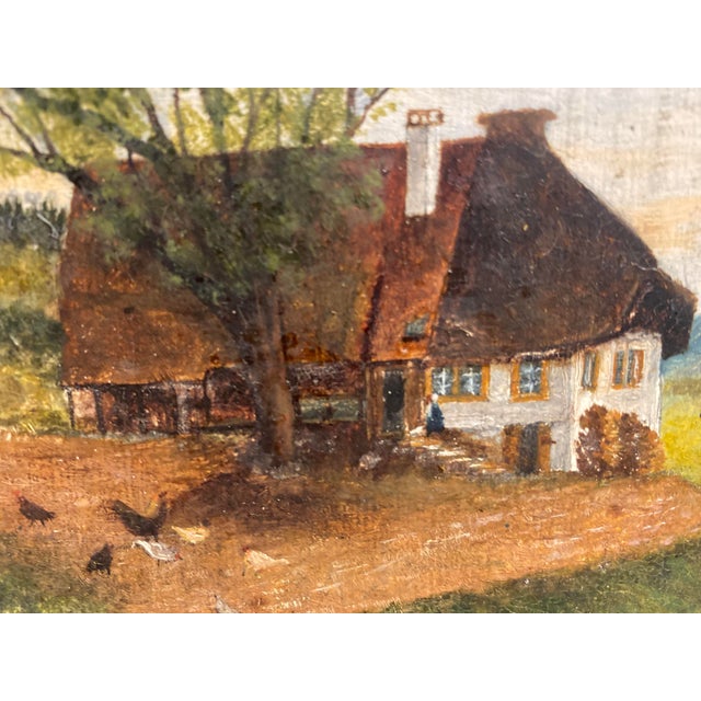 Small Vintage Landscape Painting With Chickens Signed For Sale - Image 4 of 9