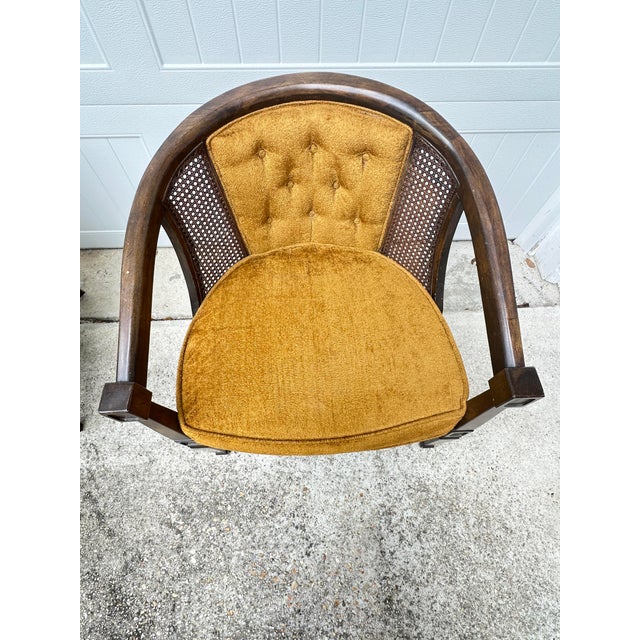 Mid-Century Modern Vintage Velvet, Wood and Cane Barrel Chairs-a Pair For Sale - Image 3 of 11