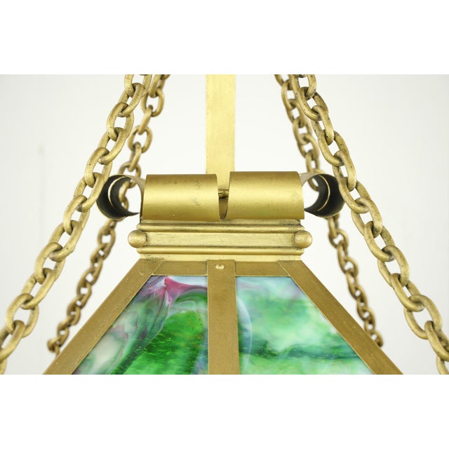 Green Mid 20th Century Arts & Crafts Figural Stained Glass Rectangular Brass Pendant Light For Sale - Image 8 of 14