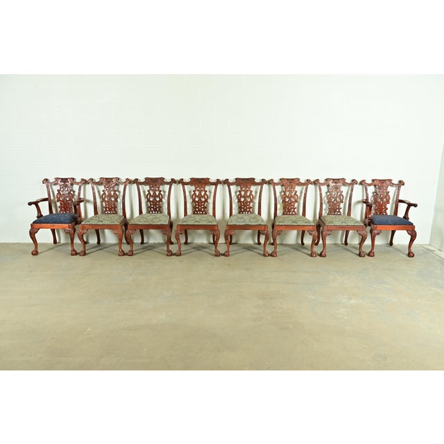 English Baker Furniture Style Chippendale Carved Mahogany Dining Chairs, Set of Eight For Sale - Image 3 of 14