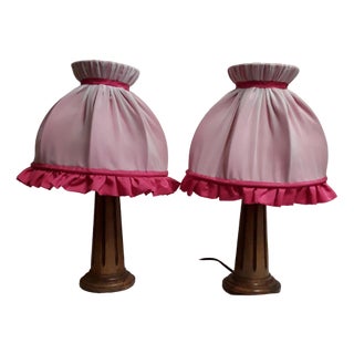 Bedside Lamps with Turned Walnut Bases and Pink Fabric Shades, 1900s, Set of 2 For Sale