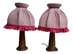 Bedside Lamps with Turned Walnut Bases and Pink Fabric Shades, 1900s, Set of 2