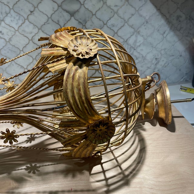 Mid 20th Century Rare Italian Gilt Iron Hot Air Balloon Chandelier – Sculptural Mid-Century Statement Lighting For Sale - Image 5 of 12