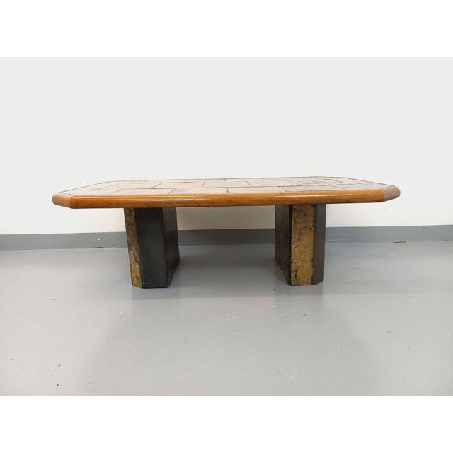 Wood Vintage Brutalist Coffee Table in Stone and Oak, 1970s For Sale - Image 7 of 18