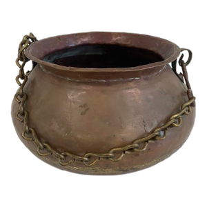 Antique Hand-Hammered Copper Cauldron With Chain – 19th Century