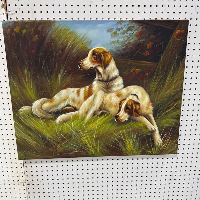 Textile Vintage Hunting Dogs Oil Painting Original Canvas For Sale - Image 7 of 9