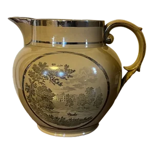 Antique Early 19th Century English George III Staffordshire Silver Luster Drabware Pitcher Jug With Country House Park Scenes 1810