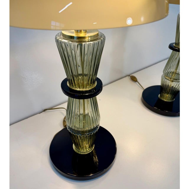 Glass Murano Glass Table Lamps in Smoked Grey and Black Glass and Brass, 2000s, Set of 2 For Sale - Image 7 of 16