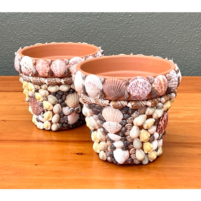 Vintage Shell Encrusted Terra Cotta Pots - A Pair For Sale - Image 9 of 12