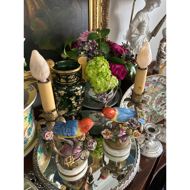 Pair of Antique French Porcelain Bird Figural Lamps For Sale - Image 11 of 11