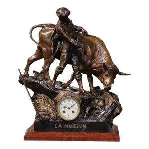 19th Century French Spelter Clock and Cow Composition Signed E. Picault