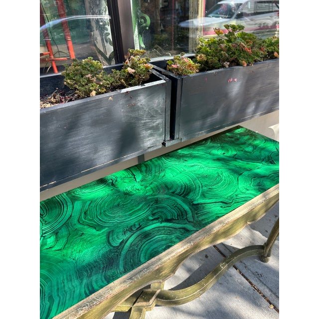 French 1950s Faux Malachite Topped Sofa or Hall Table With a Distressed Green Base and Legs French in Style For Sale - Image 3 of 12