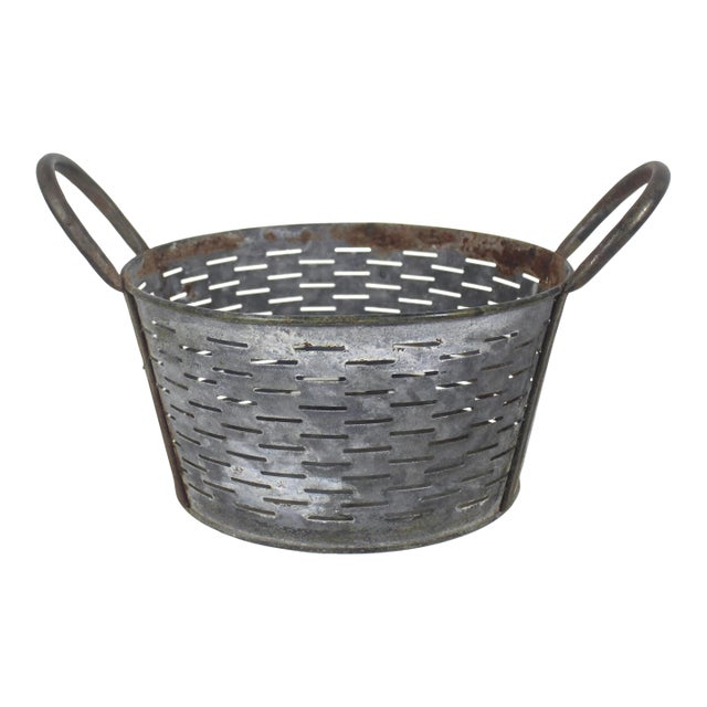 Vintage Galvanized Olive Gathering Basket For Sale