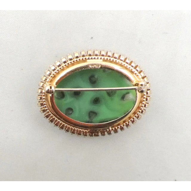 1960s Vintage 1965 Signed Napier Oval Carved Faux-Jade Brooch For Sale - Image 5 of 6