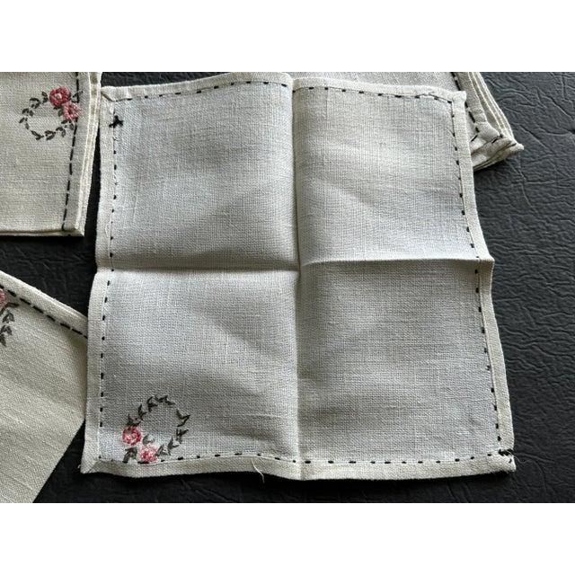 Vintage Handmade Linen Cocktail Napkins With Floral Hand Embroidery Detail Set of 4 For Sale - Image 11 of 12